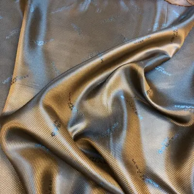 Desenli Astar Kumaş, Carven Paris Yazılı Palto, Ceket Astarı 140cm Eninde, Kahve-Mavi Janjanlı