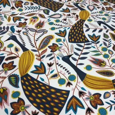 Özel Tasarım Pamuk Kumaş, Perde, Elbise, Koltuk İçin, Beyaz zemin üzerine Tavuskuşu desenli