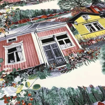 Özel Tasarım Pamuk Kumaş, Perde, Elbise, Koltuk İçin, Beyaz zemin üzerine Ev desenli