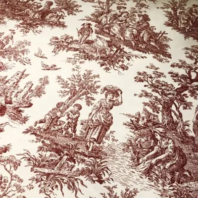 Duck Kumaş, Kırık Beyaz Üzeri Bordo Fransız Köylüleri Desenli Kumaş 