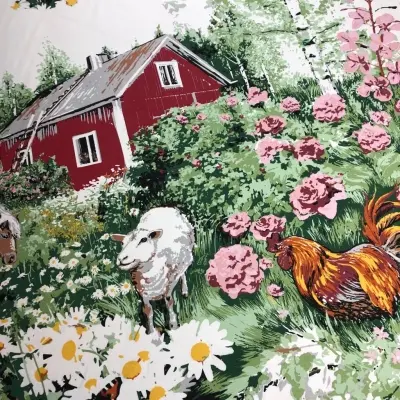 Özel Tasarım Pamuk Kumaş, Perde, Elbise, Koltuk İçin, Krem zemin üzerine Çiftlik Desenli, Panel Desen