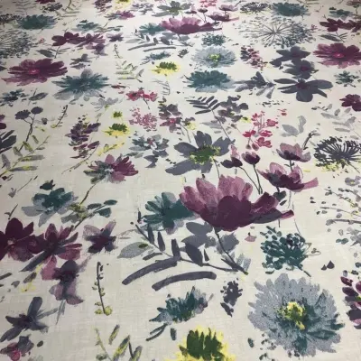 Özel Tasarım Pamuk Kumaş, Perde, Elbise, Koltuk İçin, Krem zemin üzerine Mor Çiçek Desenli 