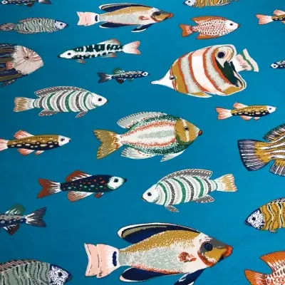 Özel Tasarım Pamuk Kumaş, Perde, Elbise, Koltuk İçin, Mavi zemin üzerine renkli Balıklar