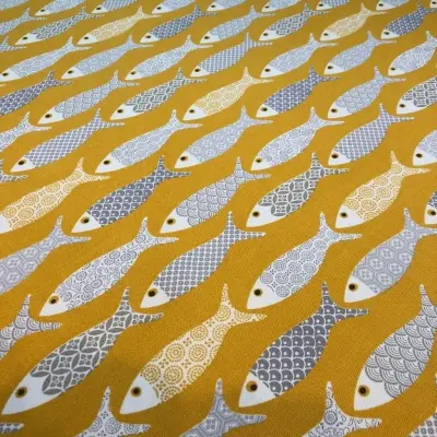 Özel Tasarım Pamuk Kumaş, Perde, Elbise, Koltuk İçin, Sarı kumaş üzerine Balık deseni