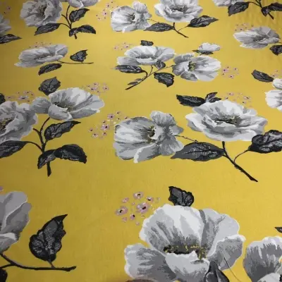 Özel Tasarım Pamuk Kumaş, Perde, Elbise, Koltuk İçin, Sarı zemin üzerine Beyaz Çiçek desenli