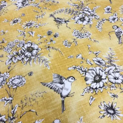 Özel Tasarım Pamuk Kumaş, Perde, Elbise, Koltuk İçin, Sarı zemin üzerine Kuş desenli