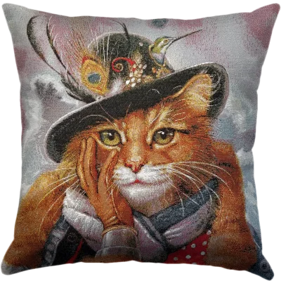 Dokuma Goblen Yastık, Hazır içi dolu Kırlent Şapkalı Kedi